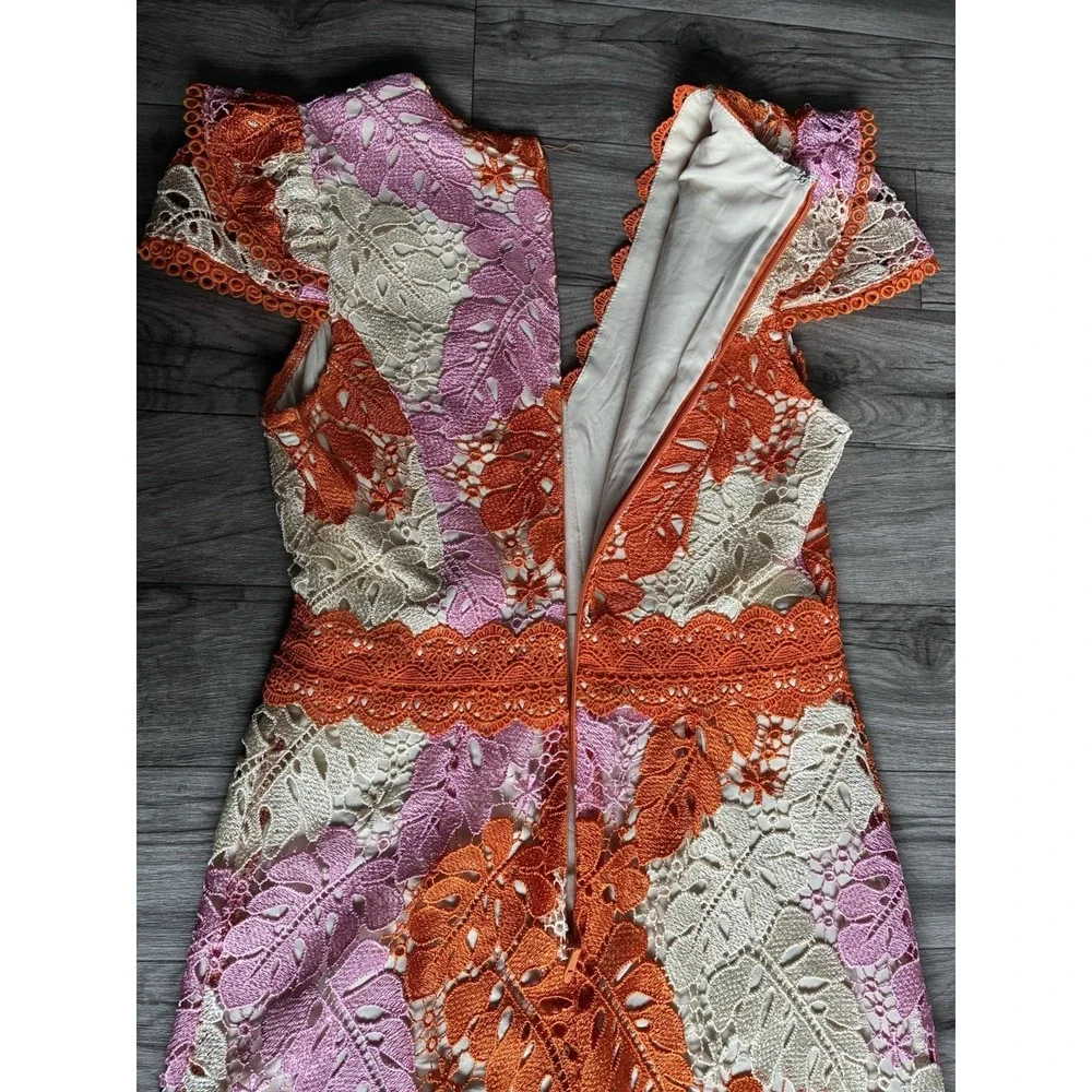 Adelyn Rae Crochet Lace Midi Dress XS Floral Orange Pink Boho‎ V-Neck